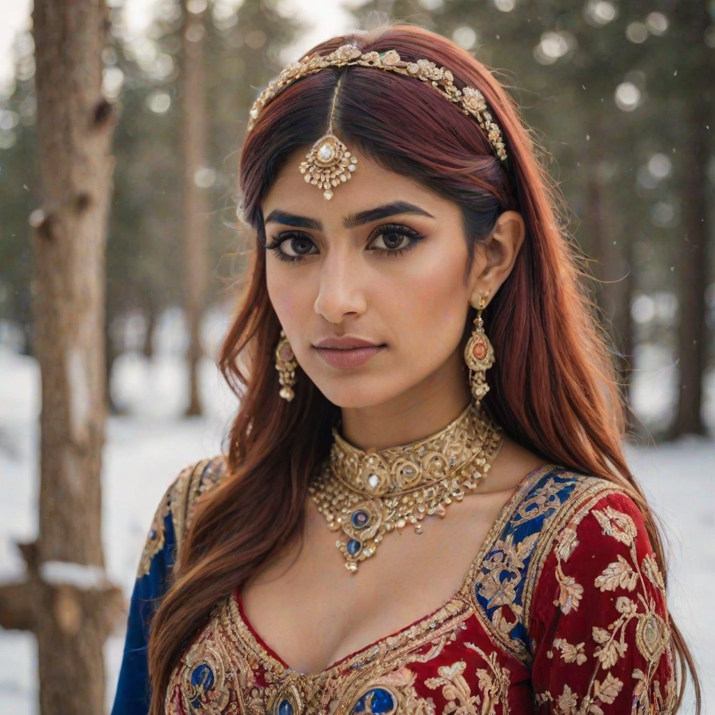 mia khalifa with long, flowing red hair, wearing a traditional, ornate red and blue costume with gold accents and intricate embroidery, stands facing the viewer in a close-up portrait. Her hair is styled in a high ponytail and adorned with a pair of golden, winged hairpieces. She wears gold earrings and her makeup is accented with light pink blush and a bright red lip. She has a soft and slightly melancholic expression, with her eyes looking directly at the camera. The background is a blurred, out-of-focus snowy landscape, with the woman in the foreground. The lighting is soft and natural, creating a warm, intimate atmosphere. The image is composed using a shallow depth of field, with the woman as the main focal point. The overall style is elegant, delicate, and fairytale-like.