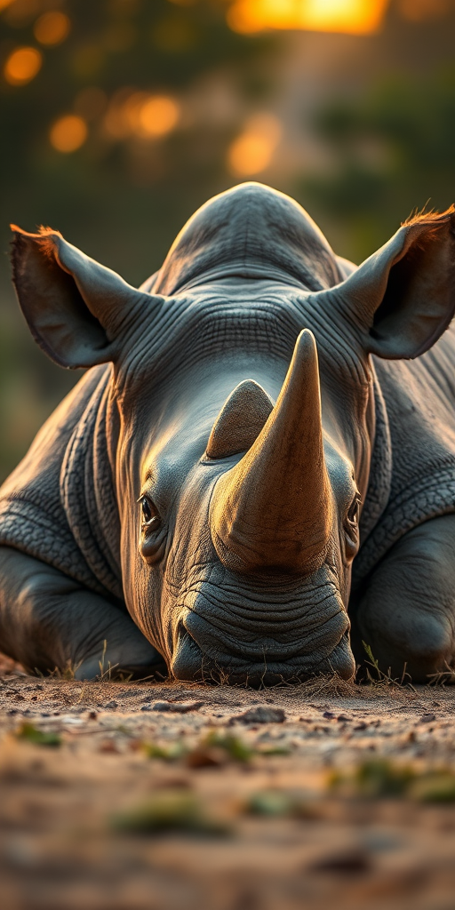 Capture a close-up shot of a resting rhinoceros in a natural setting during golden hour, using a DSLR camera with a 50mm lens, aperture set to f/2.8 for a shallow depth of field, ISO 200, shutter speed at 1/200 sec, and focusing on the texture of the rhino's skin while softly blurring the background.