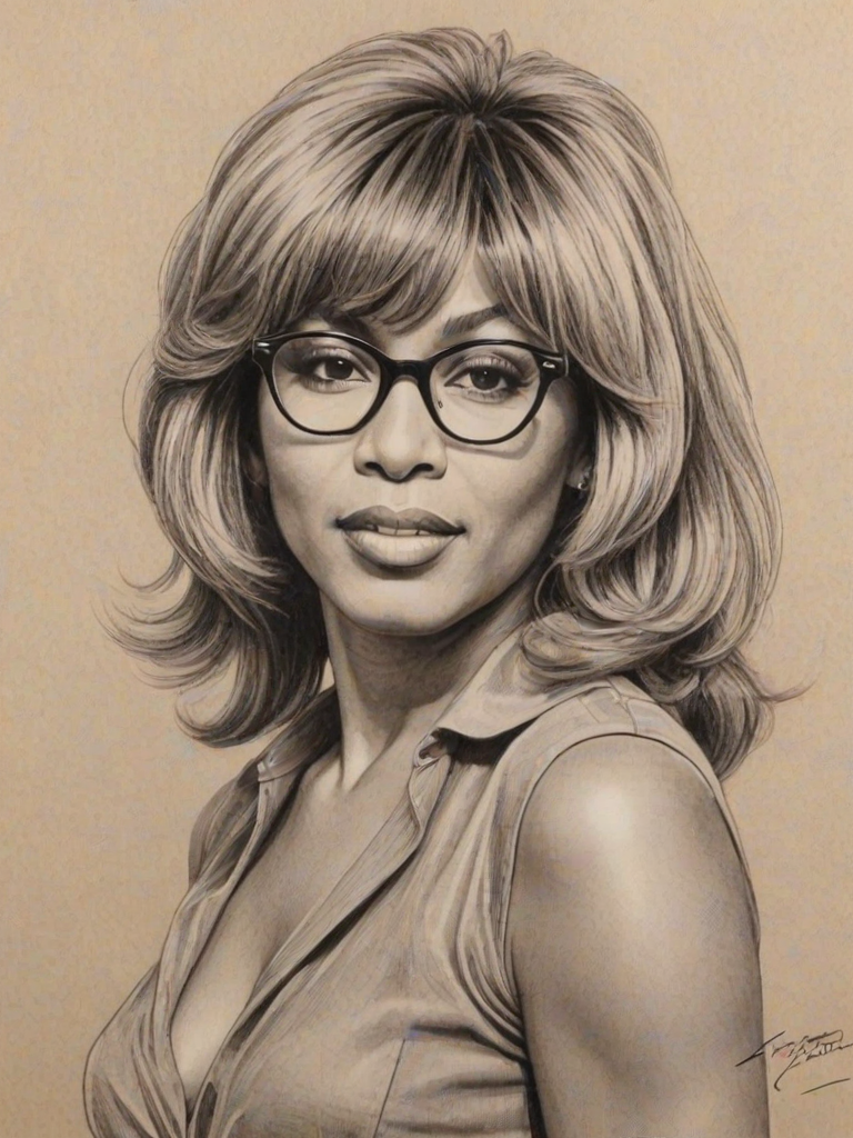 Attractive Tina Turner, pencil sketch, portrait of Enticing woman 1959s in glasses, hair style beatnik, outline, clear lines, fine lines, 8k