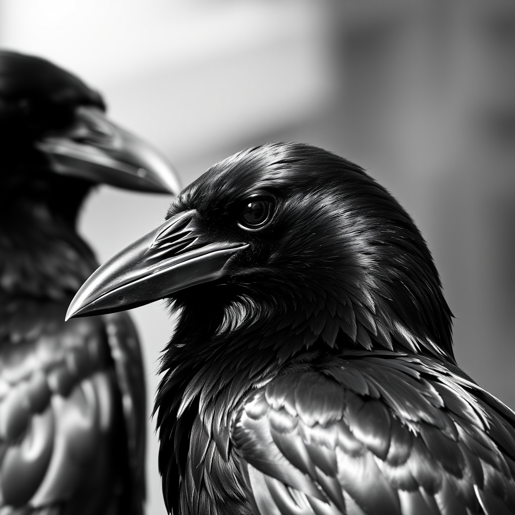 Close-up portrait of two ravens in black and white, shallow depth of field, natural lighting, aperture f/2.8, ISO 200, 50mm lens, DSLR camera, side view, high contrast.