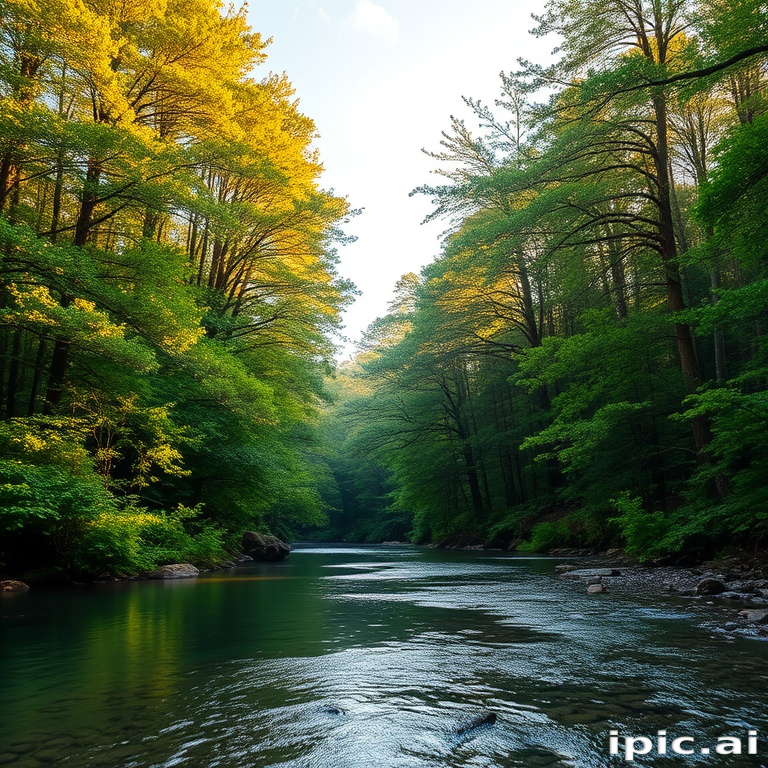 Create an image of a serene, sunlit forest scene with a clear, gently flowing river. Tall trees with lush green foliage line both sides of the river, their leaves bathed in the warm golden light of the setting or rising sun. The sunlight filters through the trees, casting soft, dappled light on the river, which flows over smooth rocks and pebbles, creating a peaceful, natural atmosphere. The sky is bright with a few scattered clouds, and the overall mood is tranquil, evoking a deep sense of connection with nature. The image captures the beauty of a calm, pristine forest landscape at either dawn or dusk.