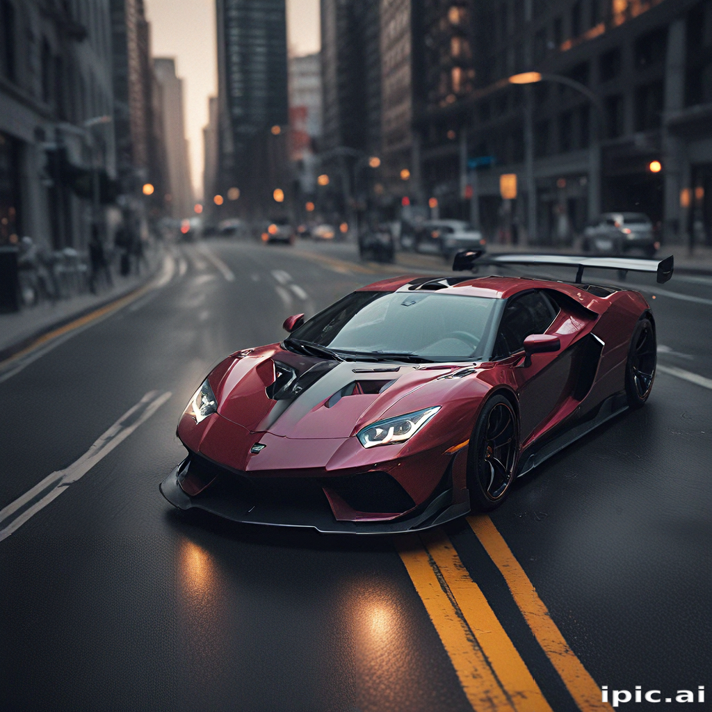Striking Red Sports Car Parked on a City Street at Dusk.