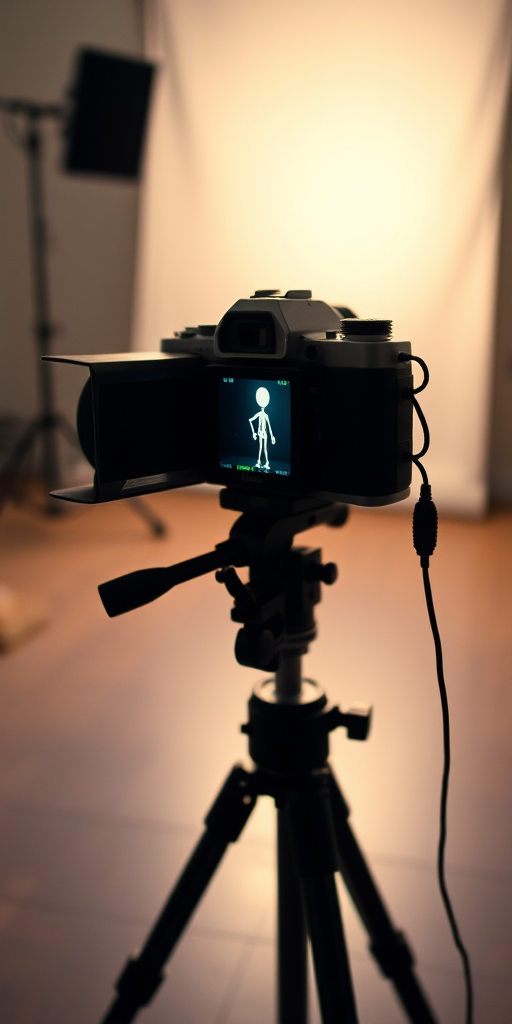 Create an image of a 3D stick figure using a vintage film camera on a tripod in a well-lit studio setting, aperture f/2.8, ISO 200, shutter speed 1/125s, DSLR camera type, 50mm lens, slight overhead angle for dynamic effect.