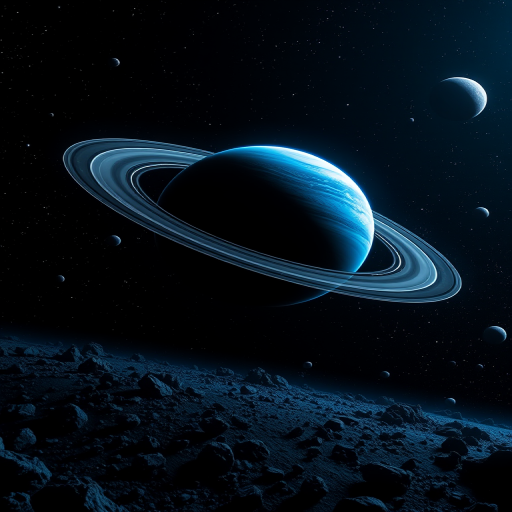 Create a high-resolution futuristic space scene featuring a large blue planet with rings similar to Saturn, surrounded by a field of asteroids and distant planets, using a DSLR camera with a 24mm lens at f/8, ISO 100, and a wide-angle view to capture the cosmic depth, in night mode for enhanced star visibility.