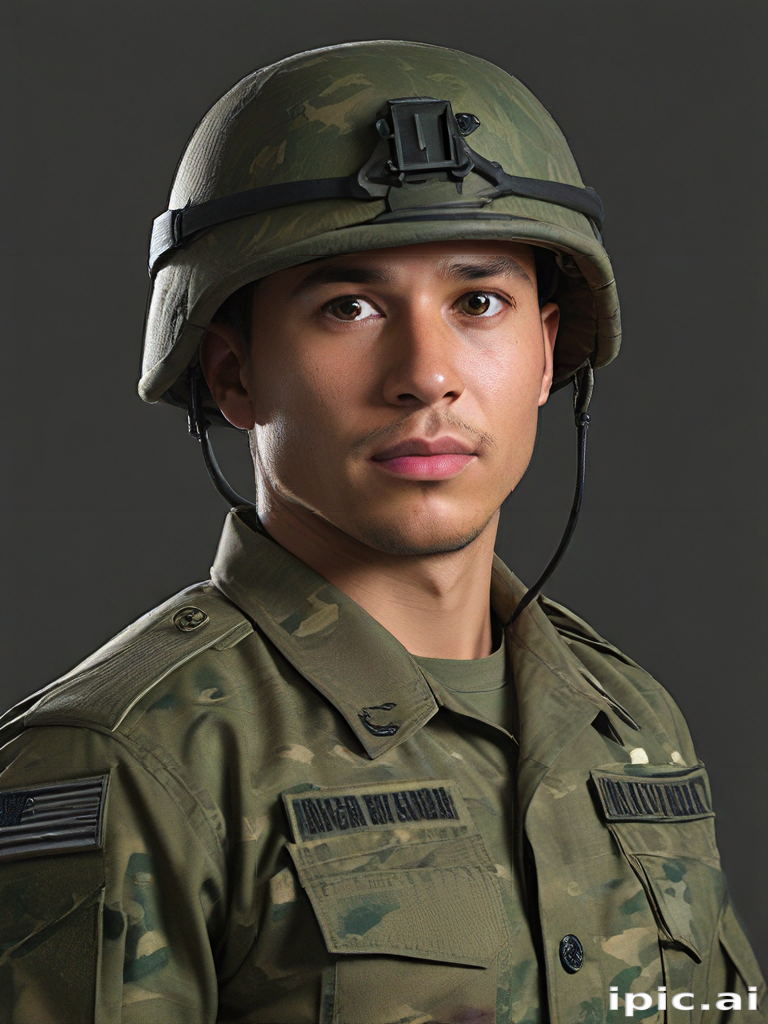 Portrait of a Soldier in Camouflage Uniform with Serious Expression