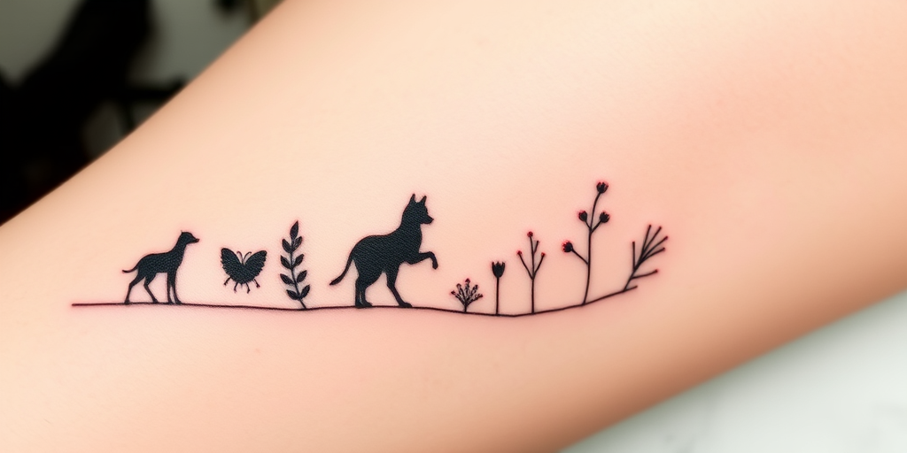 Minimalist line art tattoo named "Whisper of Nature" portraying a single continuous line forming elegant silhouettes of animals and plants with subtle shading and negative space