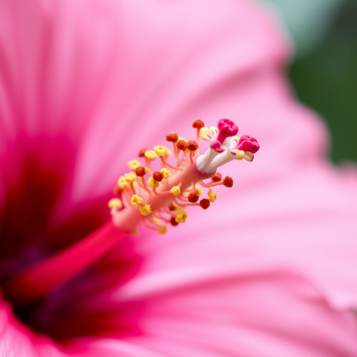 Close-up of a pink hibiscus flower with detailed focus on the stamen and petals, shallow depth of field, natural lighting, 50mm lens, aperture f/2.8, ISO 100, macro photography.