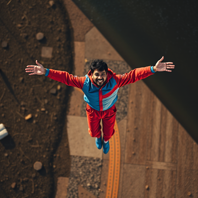 Create an image of a person in mid-air wearing a red and blue outfit with arms outstretched, captured with a DSLR camera at f/2.8, ISO 100, 1/1000 sec shutter speed, wide-angle lens at 24mm, overhead view, vibrant colors and high contrast to enhance image quality.
