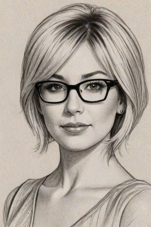 Appealing Chelsea Kane, pencil sketch, portrait of Ravishing woman 1973s in glasses, hair style beatnik, outline, clear lines, fine lines, 8k