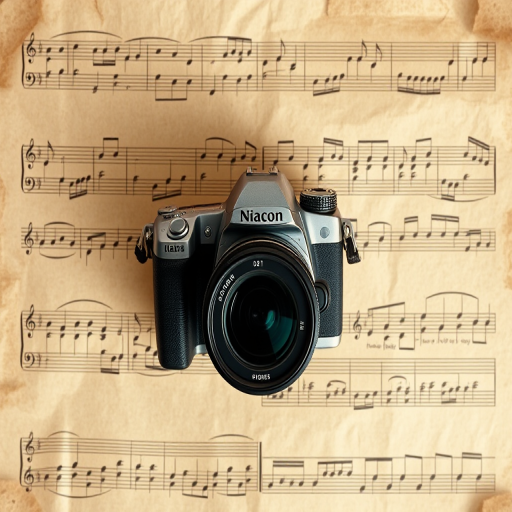 Create an image of an aged sheet music background with sepia tones and textured paper, using a DSLR camera, 50mm lens, f/2.8 aperture, ISO 200, and soft lighting to enhance the vintage atmosphere.