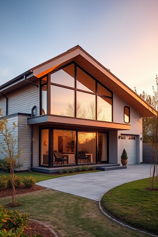 Generate a high-quality image of a modern house with a sloping roof and large windows during golden hour using a DSLR camera with a 35mm lens, aperture f/8, ISO 100, 1/200s shutter speed, with a wide-angle view to capture the entire structure.