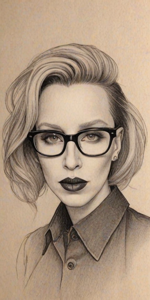 Charming Marilyn Manson, pencil sketch, portrait of Enchanting woman 1948s in glasses, hair style beatnik, outline, clear lines, fine lines, 8k