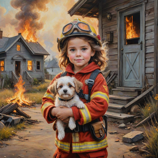 airbrushed oil painting, pixar style, cute little girl in fireman gear, helmet, tousled hair, expressive eyes, standing in the doorstep of a cottage burning behind him, holding a cute little dog in her arm, atumn sky