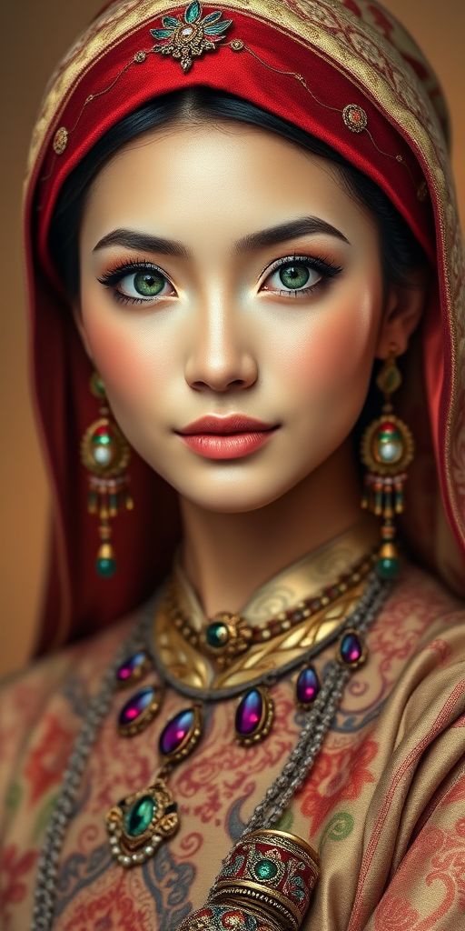 Create a portrait of a beautiful Vietnamese woman with striking green eyes and a gentle expression. She is adorned in traditional attire with intricate patterns, including a richly embroidered headscarf and matching garments. Her jewelry includes a delicate headpiece, dangling earrings, and ornate bracelets, all featuring vibrant gemstones and detailed metalwork. The background is soft and warm, enhancing the rich colors of her outfit and jewelry.