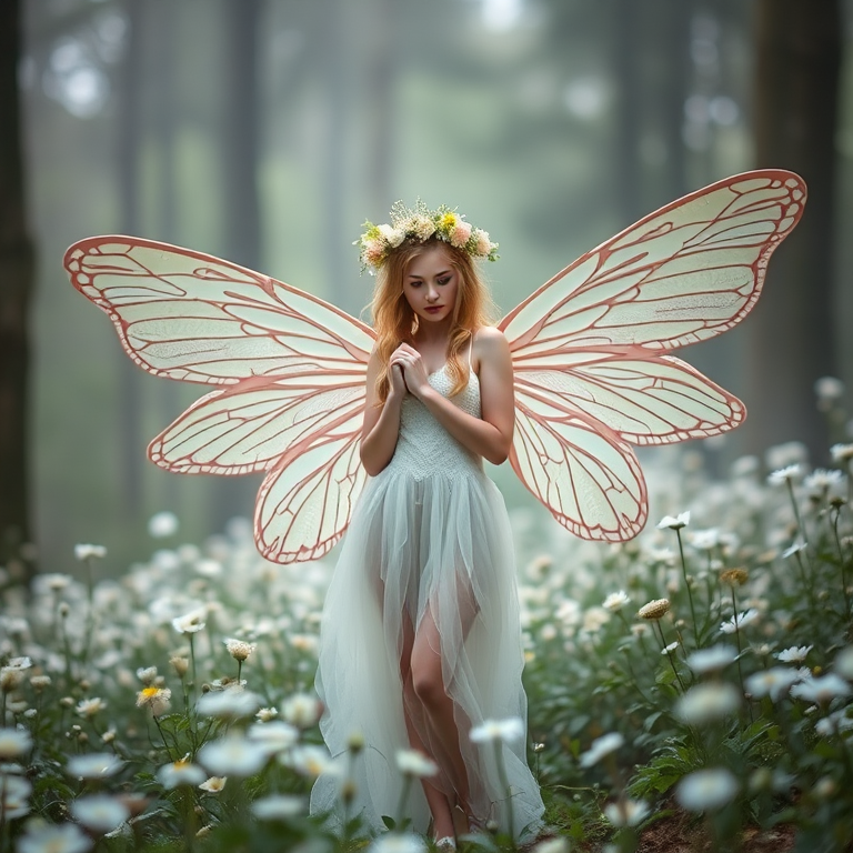 Create an ethereal fairy with intricate wings and a floral crown standing in a misty forest glade surrounded by white flowers, shot on a Canon EOS R5 with a 50mm f/1.2 lens at ISO 100, aperture f/2.8, and a shallow depth of field for a dreamy background.