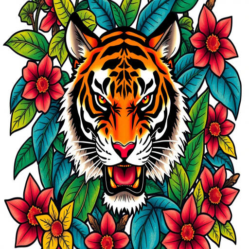 Colorful neo-traditional tattoo portraying a fierce tiger surrounded by lush jungle foliage, bold outlines and vivid hues creating a dynamic and eye-catching design, classic Americana influence with a modern twist