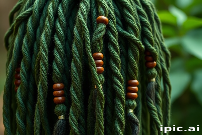 Lush forest green dreadlocks embellished with wooden beads, the "Earth Guardian" style celebrates nature and spiritual connection