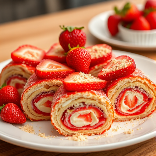 A plate of beautifully rolled strawberry cake slices with creamy filling, topped with fresh strawberries and a sprinkle of crumbs, presented on a wooden table with a blurred background.