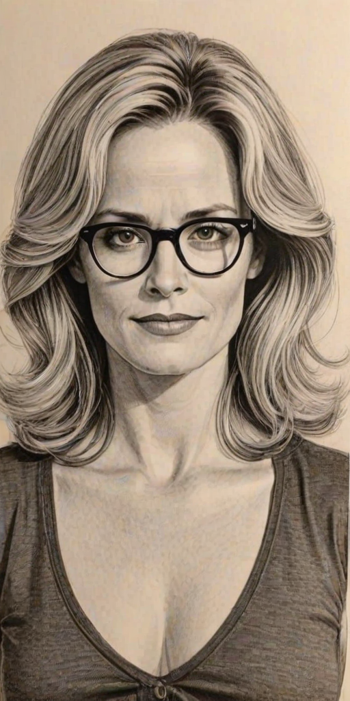 Bewitching Elizabeth Shue, pencil sketch, portrait of Beauteous woman 1973s in glasses, hair style beatnik, outline, clear lines, fine lines, 8k