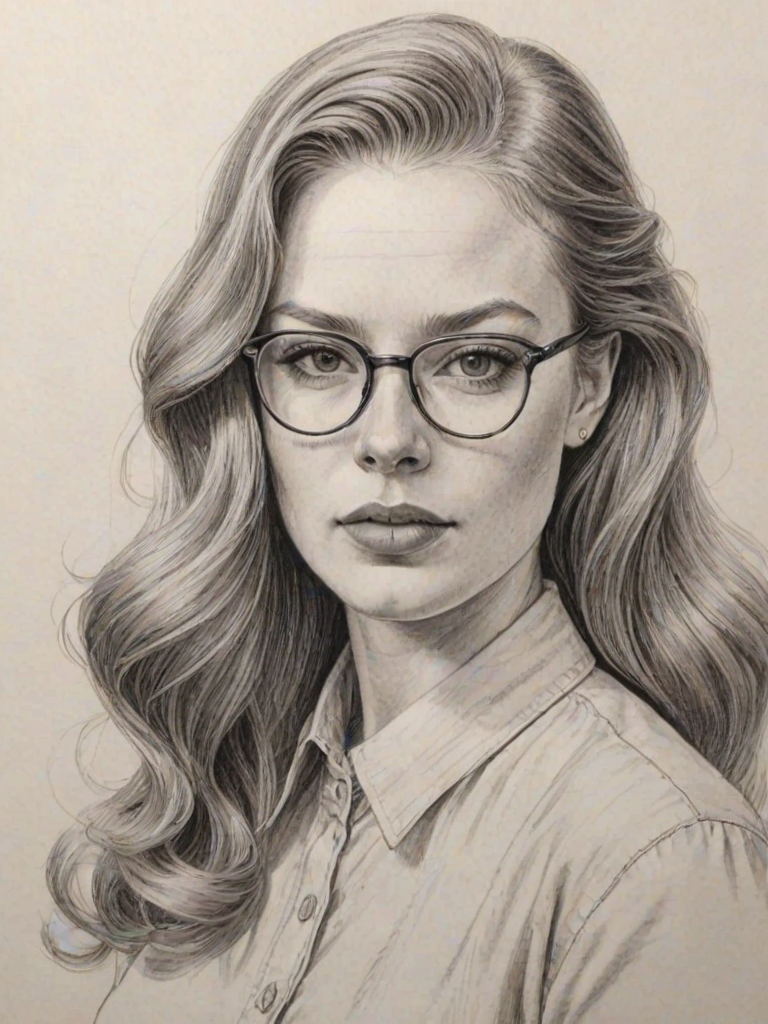 Resplendent Freya Ridings, pencil sketch, portrait of Appealing woman 1949s in glasses, hair style beatnik, outline, clear lines, fine lines, 8k
