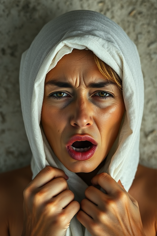 Create a close-up photographic image of a Maori woman with light skin tones shown against an old, worn wall. Their head is wrapped in a white cloth covering (i.e.... parts of the head except the nose and mouth, which are open as if they are screaming...), with a slight texture and visible folds in the fabric. Thin strands of blonde hair escape from the wrapping above, falling lightly at the top and sides. Their hands hold the fabric as if they are tugging nervously. The lighting is dramatic and even, casting strong shadows. The image has a minimalist and surreal style with an emphasis on simplicity with soft color tones. The composition is centered.