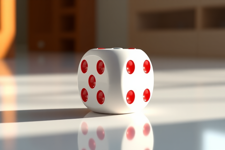 Create a ultra-realistic 3D render of a white die with red dots showing six on a reflective surface, using a 50mm lens, aperture f/2.8, ISO 100, mounted on a DSLR camera with soft natural lighting from the left.