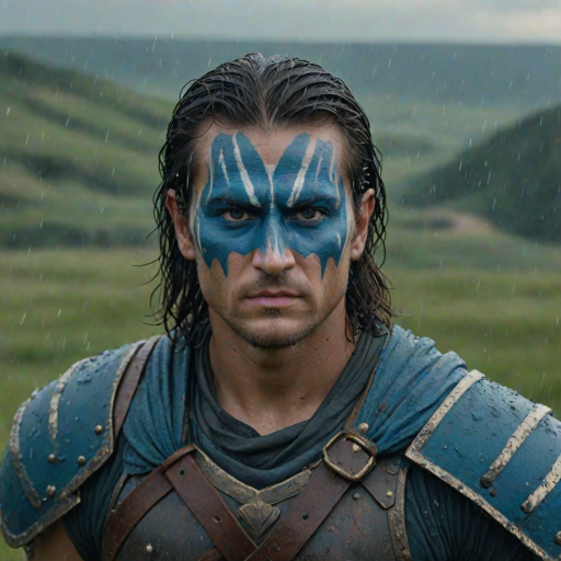 Generate an ultra-realistic and highly detailed photograph of a "brave heart" warrior. he's standing still, looking menacingly at the camera. He has face paint in shades of blue. He's standing on a green hill. Rain. The background is a blurred image of a battlefield. 4k. UHD