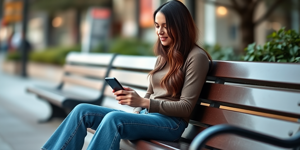 portrait of a young woman sitting on a bench using her phone, wearing a long-sleeved top and bell-bottom jeans, soft natural lighting, shallow depth of field, taken with a Canon EOS R5, 50mm lens, aperture f/2.8, ISO 100, 1/200 sec