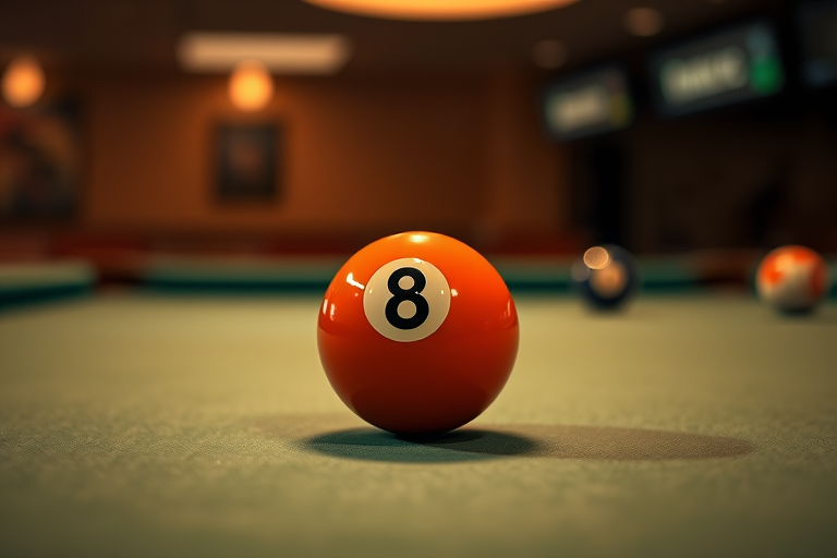 Generate an image of an eight ball with a glossy finish on a billiard table, 50mm lens, f/2.8 aperture, ISO 100, HDR photography, using a DSLR camera from a slightly elevated angle.