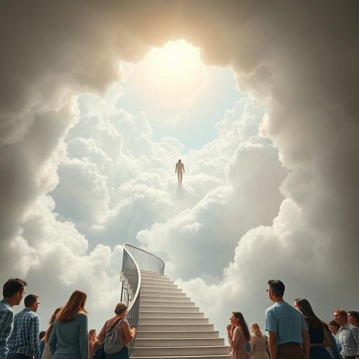 Create an ethereal scene of a spiral staircase leading into the clouds with a figure ascending, surrounded by a diverse group of people gazing upwards in admiration, captured with a Canon EOS R5 at f/1.8, ISO 100, 24mm lens, in soft, natural lighting to enhance the dreamlike atmosphere.