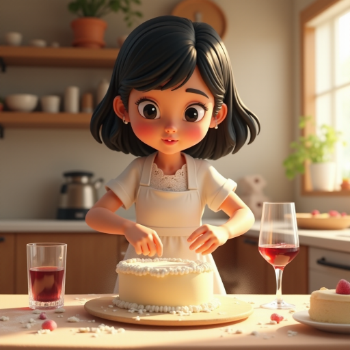 A Pixar-style CGI girl with black hair and black eyes wearing a white apron with lace stands in a kitchen and kneads cake batter. There is flour dust in the air, a glass of wine on the table and the cake ingredients are scattered around. 3D, with "ipic ai" text at the back