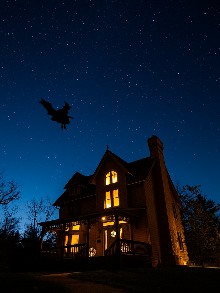 haunted house under a starry night sky with a witch flying by, long exposure, f/2.8 aperture, ISO 800, 24mm lens, tripod mounted, twilight lighting, digital photography
