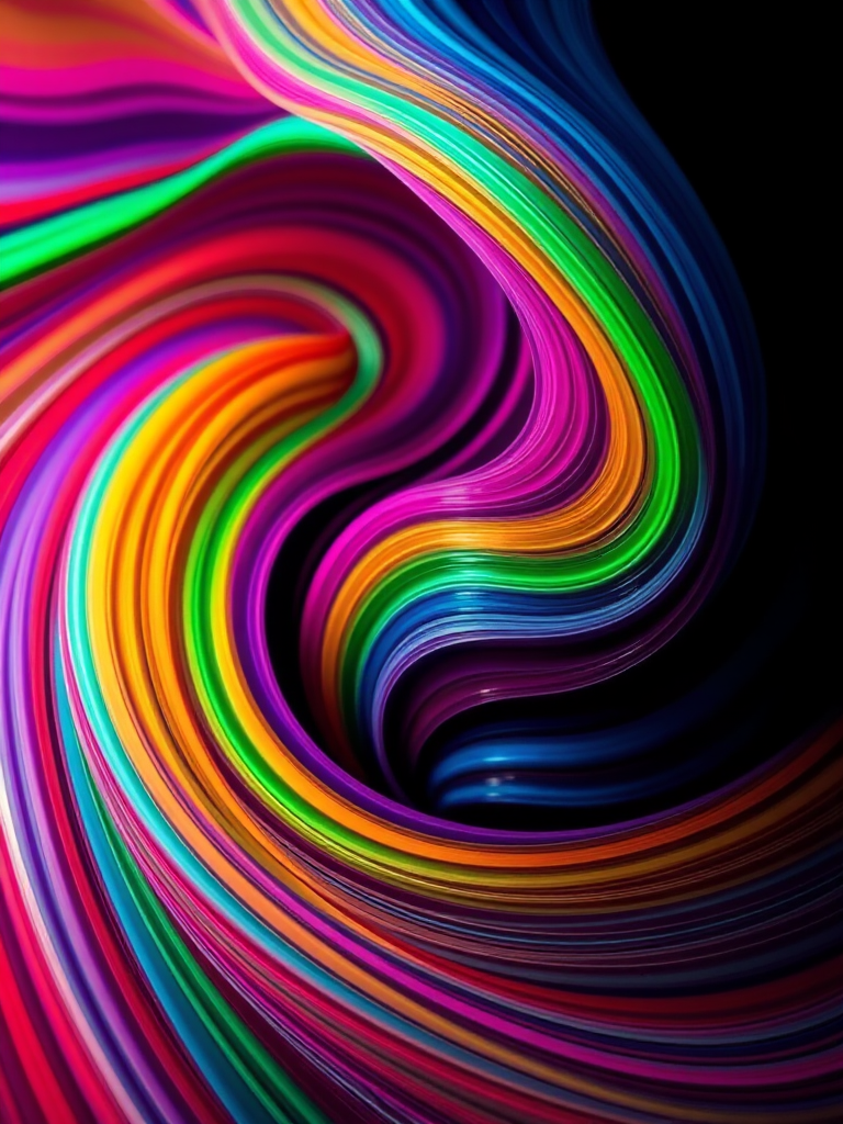 Create an abstract image of flowing colorful lines in a dynamic swirl pattern with vibrant hues, shot with a DSLR camera at f/2.8, 1/100 sec, ISO 100, using a macro lens for enhanced detail and clarity in a high-resolution format.