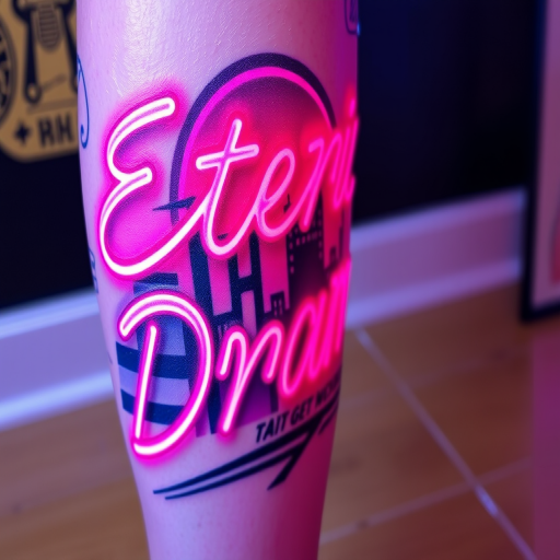 Retro-inspired neon sign tattoo called "Electric Dreams" with vibrant pinks and blues depicting a stylized cityscape and glowing text, capturing the essence of 1980s nostalgia on the calf