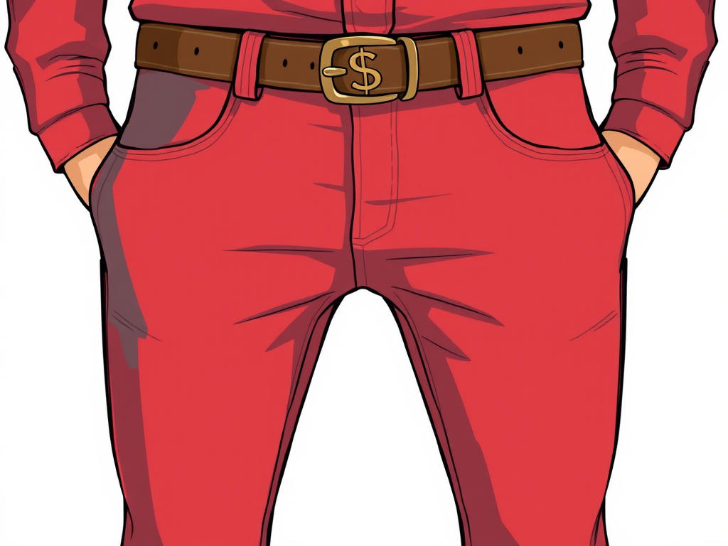 Create a high-resolution digital illustration of a pair of red pants with gray pockets and a brown belt featuring a dollar sign buckle, capture from a front view, using a 50mm lens at f/8, ISO 100, and natural lighting for enhanced detail and clarity.