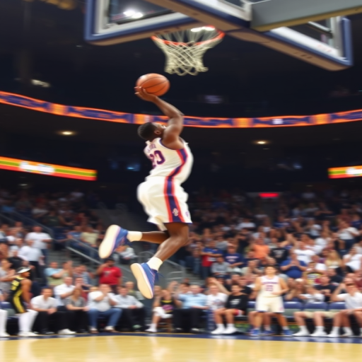 Blurry action shot of a basketball player leaping for a dunk, the ball suspended in mid-air, soft focus on the crowd cheering in the background, and the intense energy of the game.