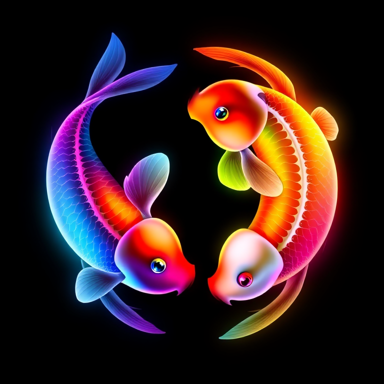 Create a vibrant digital illustration of two koi fish in a yin-yang formation, featuring a rainbow gradient color scheme on a black background, captured with a high-resolution digital camera, 50mm lens, f/2.8 aperture, ISO 100, and a soft focus style to enhance the glow effect.
