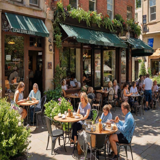 Charming cafepatio, with patrons enjoying coffee and pastries, plants and flowers adding vibrancy, and sunlight casting dappled shadows on the tables, creating an inviting scene.