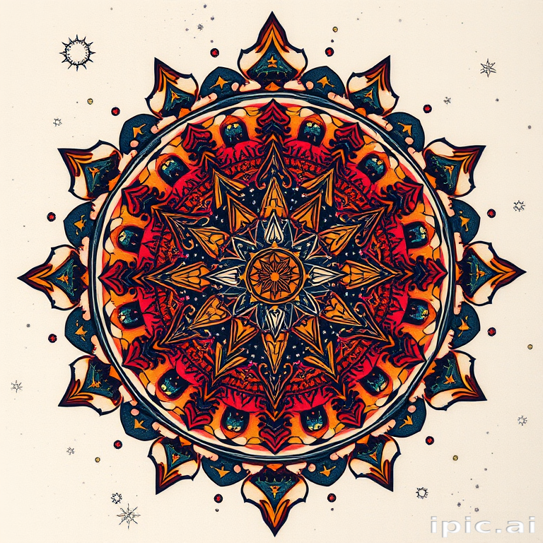Neotraditional celestial mandala tattoo adorned with intricate constellations, swirling galaxies, and sacred geometry symbols, rendered in rich jewel tones and metallic accents for a mesmerizing three-dimensional effect