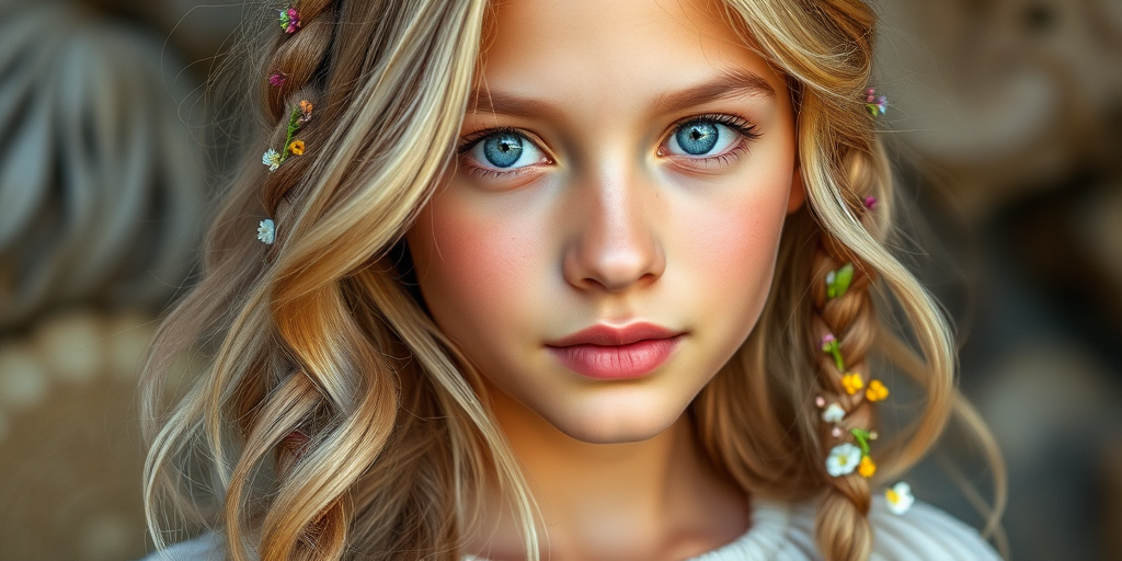 Create an image of a young Quechua woman with long, wavy blonde hair, adorned with small, colorful flowers woven into her braids and loose strands. Her complexion is fair, with soft, glowing skin, and she has light blue eyes that gaze softly at the viewer. She wears a light, flowing dress with a gentle, ethereal quality, complementing her delicate and serene appearance. The background is slightly blurred, drawing focus to her tranquil expression and the intricate details of the flowers in her hair. The overall mood of the image is one of natural beauty and grace, evoking a sense of peacefulness and connection with nature.