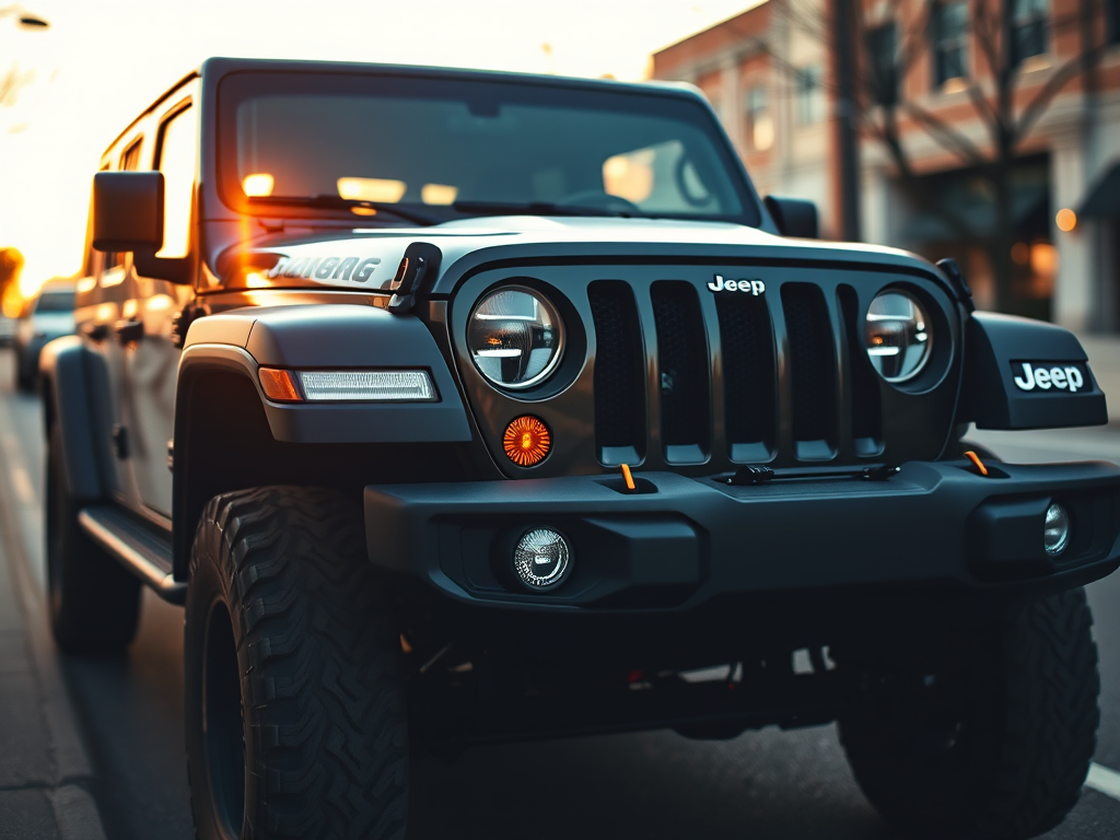 Capture a close-up shot of a rugged Jeep Wrangler parked on a street during golden hour with a shallow depth of field, using a Canon EOS R6 at f/2.8, ISO 200, shutter speed 1/250s, and a 24-70mm lens for enhanced clarity and dynamic lighting.