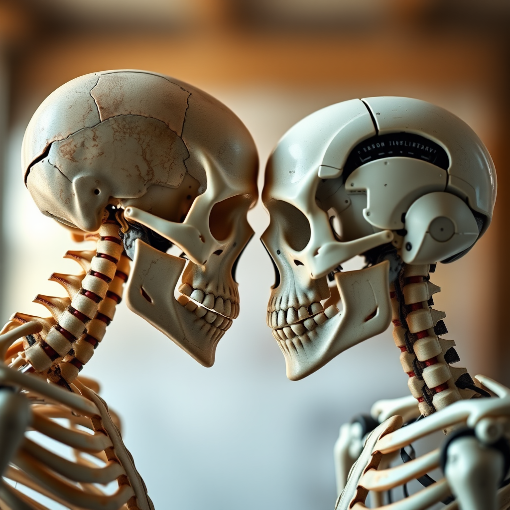 Generate a high-resolution image of a human skeleton and a robotic skull facing each other with intricate details, shot with a DSLR camera at f/1.8, ISO 200, 50mm lens, in soft natural lighting, with a shallow depth of field to enhance the foreground.