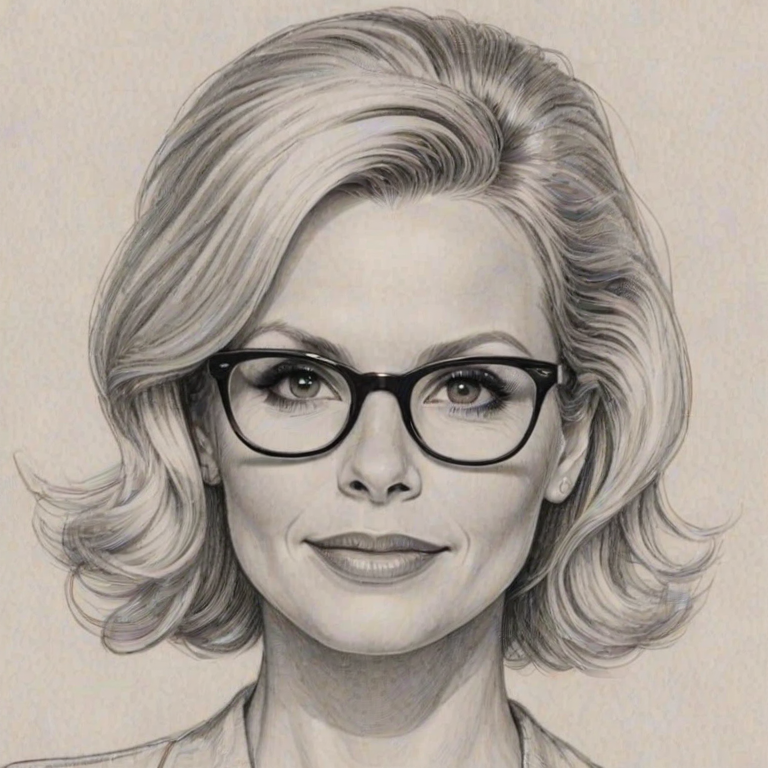 Attractive Monica Potter, pencil sketch, portrait of Ravishing woman 1954s in glasses, hair style beatnik, outline, clear lines, fine lines, 8k