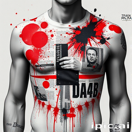 Striking trash polka style chest piece combining bold red splatters with photorealistic black and gray elements, featuring torn newspaper clippings and abstract shapes