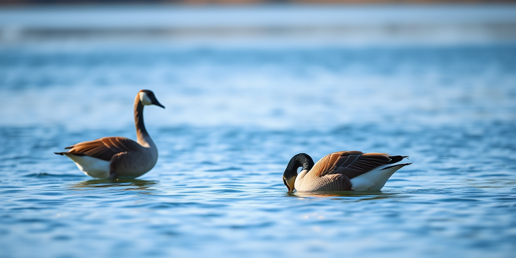 a serene scene of three geese foraging in calm water, captured with a Canon EOS 5D Mark IV, 50mm lens, aperture f/4, ISO 100, shutter speed 1/250s, in natural light with a shallow depth of field to create a soft bokeh effect in the background.