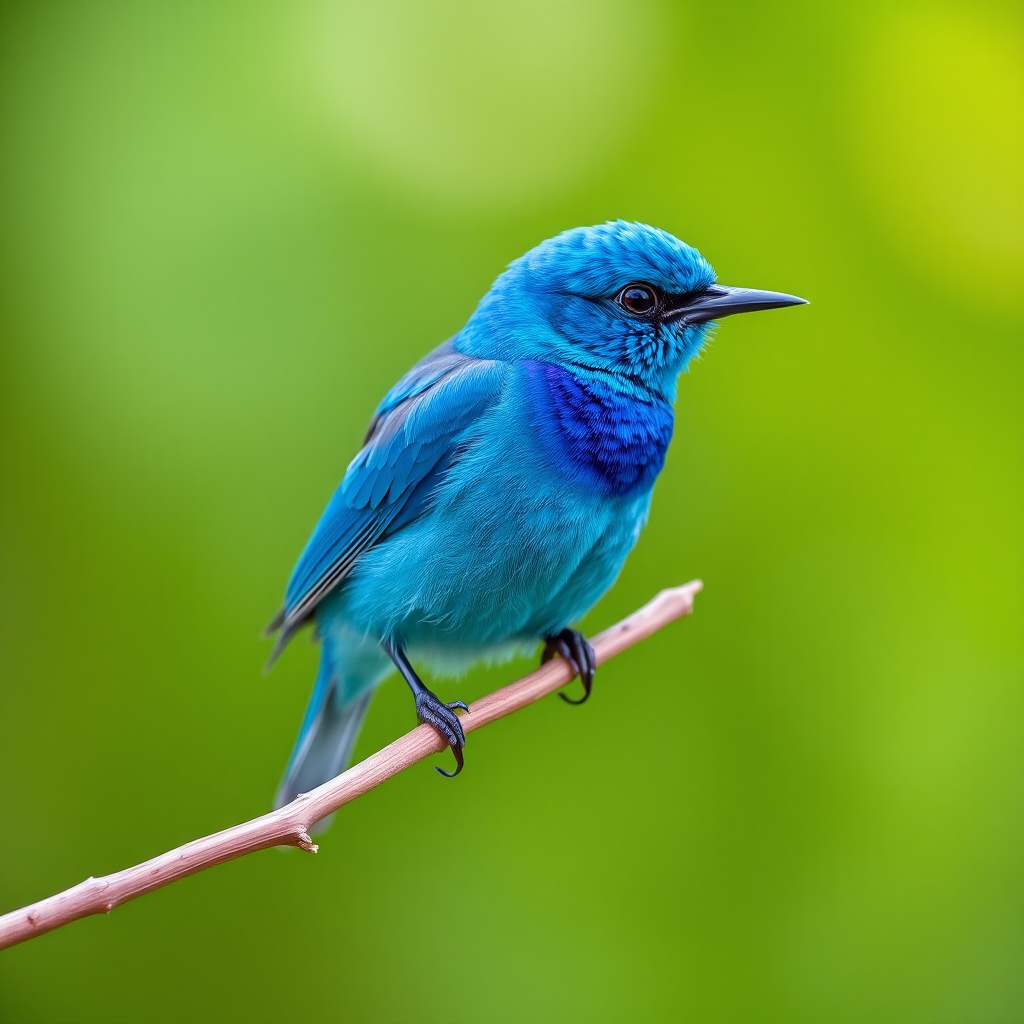 capture a vibrant blue bird perched on a thin branch with a soft blurred green background, use a Canon EOS R5, 200mm lens, aperture f/4, shutter speed 1/500s, ISO 400, natural light, focus on the bird with a slight bokeh effect