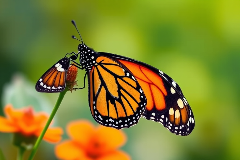 Create a vibrant and detailed illustration of a monarch butterfly with bold orange and black patterns, using a DSLR camera with a macro lens, shot at f/2.8, ISO 100, 1/200 sec, with a soft-focus background to enhance depth of field.