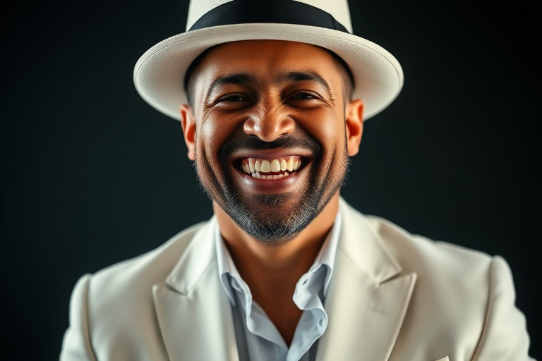 a highly detailed portrait of a man in a stylish white suit and white hat, laughing joyfully, soft lighting, DSLR camera settings: ISO 100, aperture f/1.8, shutter speed 1/200s, shallow depth of field, frontal view, high dynamic range, portrait photography style