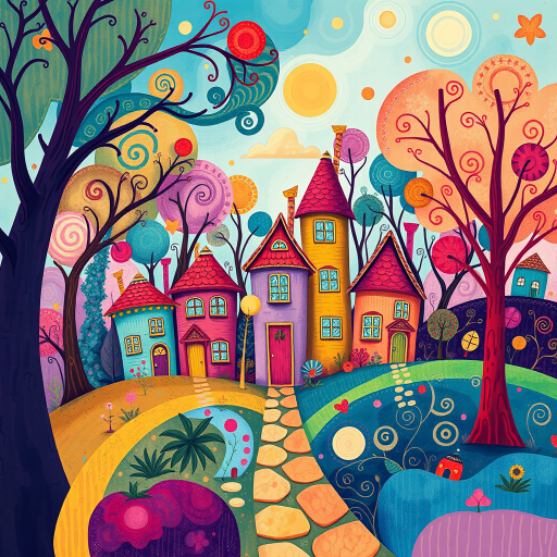 Create a vibrant, colorful illustration of whimsical houses surrounded by abstract trees and swirling patterns, using a high-resolution digital art style; settings: 50mm lens, f/8 aperture, ISO 100, wide-angle view, captured with a digital mirrorless camera.