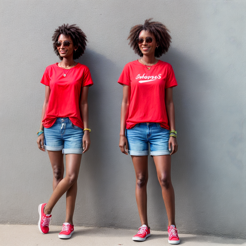 Solmalin somalian female in short bluejeansshorts and red t-shirt
